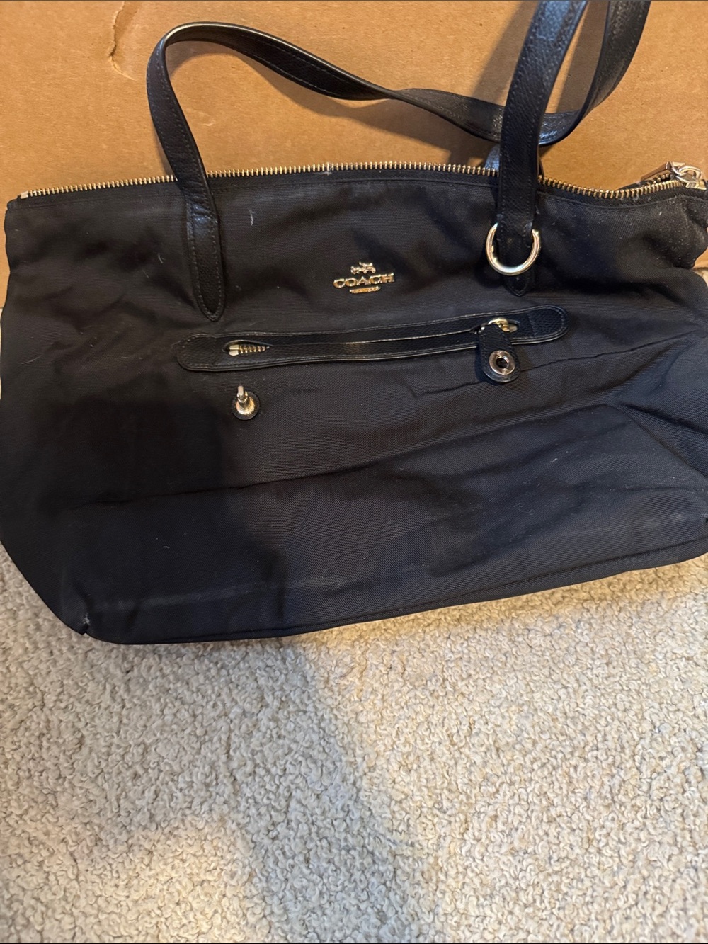 Coach Black Nylon Tote with Leather Handles and Gold Hardware